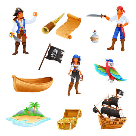 Set of isolated images of pirate boats parrots treasure robbers and other pirate gizmos cartoon vector illustrationのイラスト素材