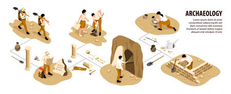 Archaeology isometric set with artifacts and tomb symbols isolated vector illustrationのイラスト素材