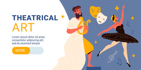Theatre horizontal banner with human characters of ballerina and actor holding harp flat vector illustrationのイラスト素材