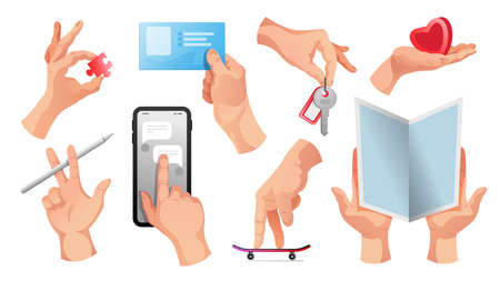 Human hands holding key pencil bank identification card red heart symbol touching smartphone screen...