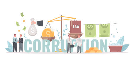 Corruption money laundering cartoon lettering title with hand holding bribe policemen arresting criminal banknotes on clothesline vector illustrationのイラスト素材