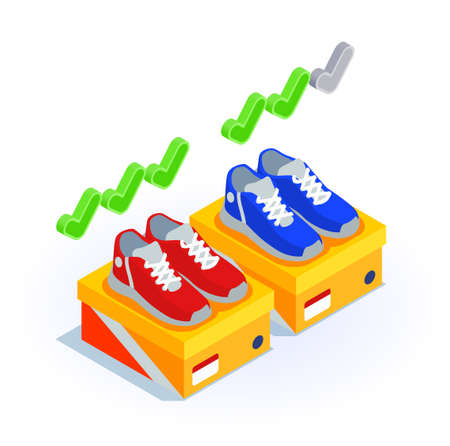 Customer experience software feedback review buyers satisfaction score products promotion isometric composition with sneakers sale vector illustrationのイラスト素材