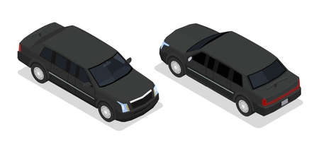 Bodyguards security service transport two full black luxury sedan armoured vehicles isolated isometric image vector illustrationのイラスト素材