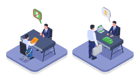 Incorruptible official vs accepting bribe payment bureaucrat attorney corruption money laundering 2 isometric compositions isolated vector illustrationのイラスト素材