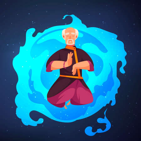 Sleep meditation relaxation old man cloud floating through sky sensation cartoon composition starry sky background vector illustrationのイラスト素材