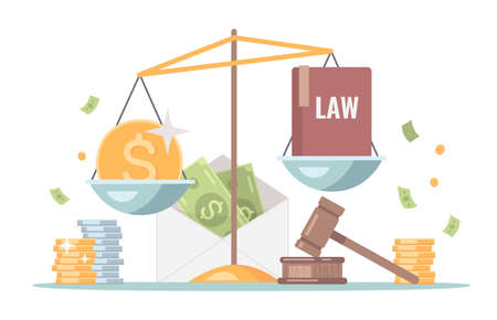 Corruption cartoon composition with law book and bribe money on justice balance judges gavel background vector illustrationのイラスト素材