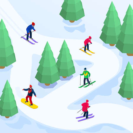 Winter sports isometric composition with people snowboarding and skiing down track between trees 3d vector illustrationのイラスト素材