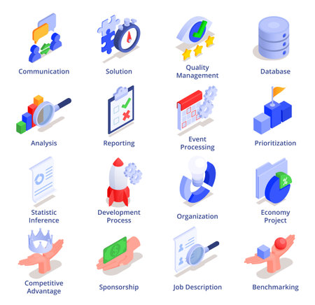 Business intelligence analysis solutions quality management prioritization events processing development communication database isometric symbols set vector illustrationのイラスト素材