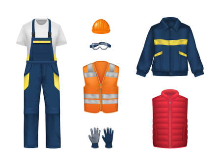 Workwear uniform realistic set with isolated images of luminous vest overall shirt gloves and hard hat vector illustrationのイラスト素材