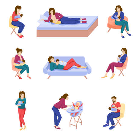 Baby breast feeding flat set of isolated icons with characters of mother and father nursing babies vector illustrationのイラスト素材