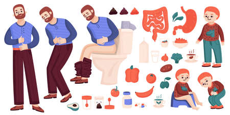 Poop set with isolated human characters of adult man and child shit with icons of food vector illustrationのイラスト素材