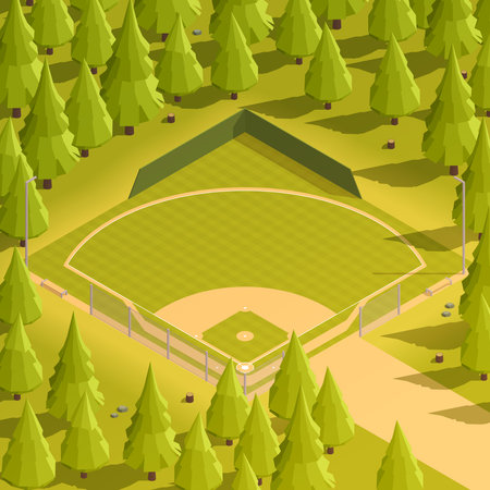 Colored baseball isometric composition an empty green square field among 3d trees vector illustrationのイラスト素材