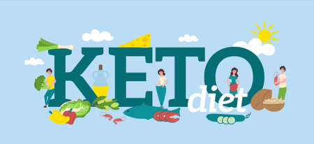 Keto flat colored composition with big green headline and diet products around vector illustrationのイラスト素材