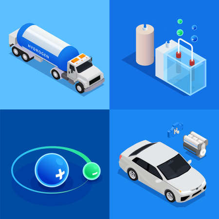 Green hydrogen energy 2x2 design concept with atoms electrolysis car transportation 3d isolated vector illustrationのイラスト素材