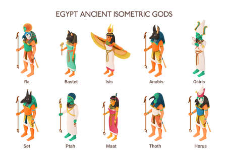 Egypt ancient gods set including ra bastet isis anubis osiris set ptah maat thoth horus isometric vector illustrationのイラスト素材