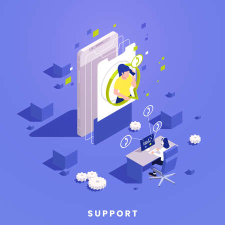 Technical support call centre workers answering phone calls and chatting online with customers isometric concept 3d vector illustrationのイラスト素材