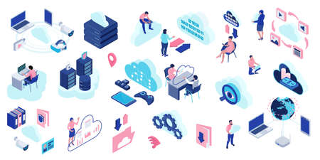Cloud technology color set with big data symbols isometric isolated vector illustrationのイラスト素材