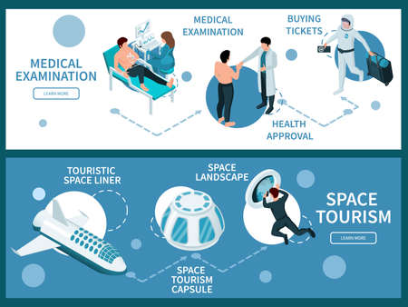 Space tourism isometric set of two horizontal banners with text captions and flowchart of isolated images vector illustrationのイラスト素材