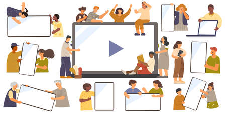 People banner gadget flat set of isolated compositions with various human characters holding blank screen electronics vector illustrationのイラスト素材