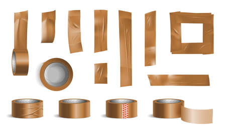 Tape roll bronze pieces realistic set with stationery symbols isolated vector illustrationのイラスト素材