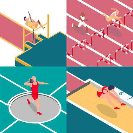 Sportsman athletics isometric 2x2 set of square compositions with stadium tracks and characters of active athletes vector illustrationのイラスト素材