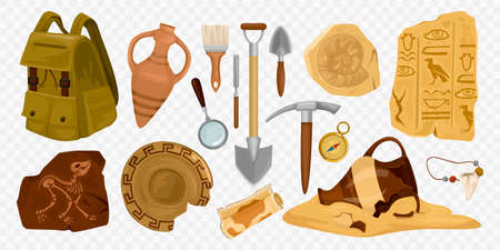 Set with archeology ancient artifacts on transparent background with isolated images of historical remains and tools vector illustrationのイラスト素材