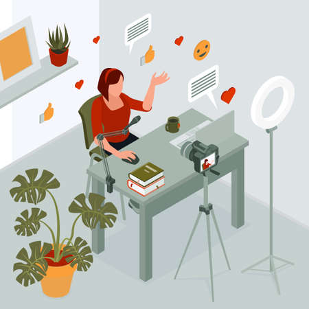 Content manager background with vlog and blogging symbols isometric vector illustrationのイラスト素材
