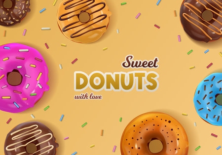 Abstract colored background with assorted pastries decorated by glaze and sprinkles and sweet donuts text in centre realistic vector illustrationのイラスト素材