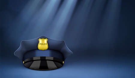 Police hat background with composition of realistic officers cap image and rays of light in chamber vector illustrationのイラスト素材