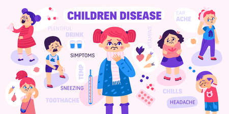 Sick children with various symptoms of disease on color background flat poster vector illustrationのイラスト素材