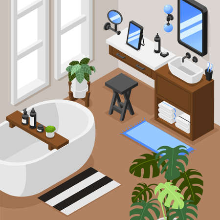 Isometric background with interior of modern bathroom with bathtub washbasin dressing table three mirrors rugs and houseplants 3d vector illustrationのイラスト素材