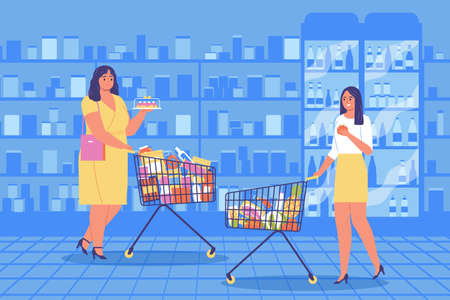 Scene in supermarket flat composition showing oversized woman and girl following diet with grocery carts vector illustrationのイラスト素材