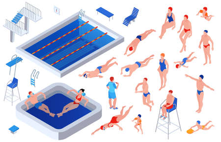Colored isometric swimming pool icon set two pools sun loungers pool paraphernalia swimmers preparing to swim and jump vector illustrationのイラスト素材