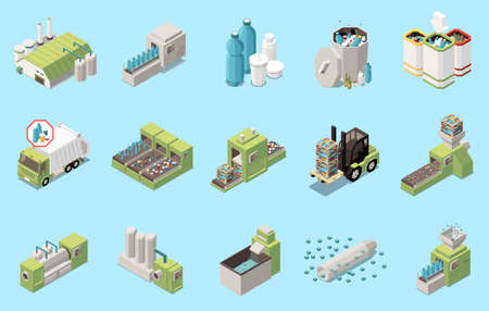 Isometric icons set with plastic production recycling transportation and processing plant equipment...
