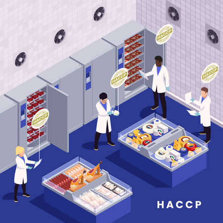 HACCP food safety concept with scientists inspecting grocery store vector illustrationのイラスト素材