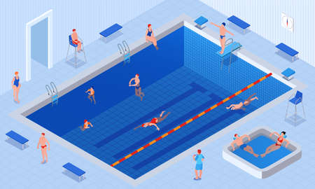 Isometric swimming pool composition large pool with tiled floor and walls people swim relaxing vector illustrationのイラスト素材