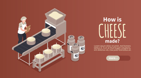Isometric cheese production horizontal banner with image of industrial conveyor with worker editable text and button vector illustrationのイラスト素材