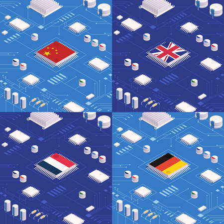 Digital government isometric concept set with microchips and national flags vector illustrationのイラスト素材
