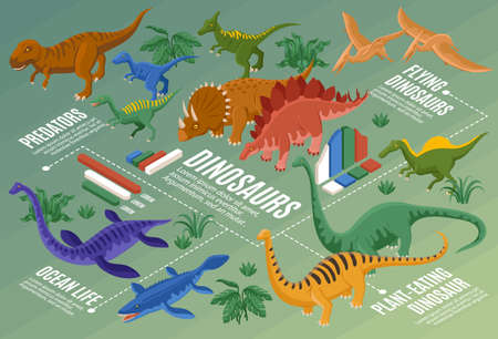 Isometric dinosaurs horizontal composition with colored icons of ancient reptiles with bar chart...