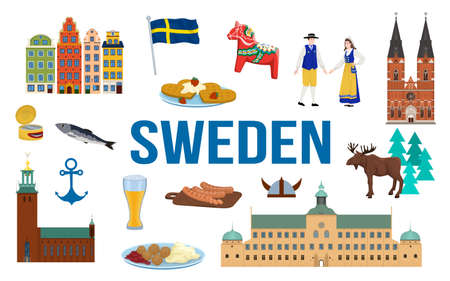 Sweden touristic travel set with culture and food symbols flat isolated vector illustrationのイラスト素材