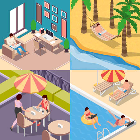 Digital nomads 2x2 set of square compositions with isometric views of people working in casual situations vector illustrationのイラスト素材