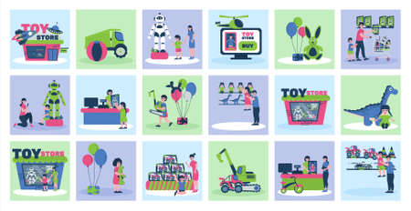 Toy store set with flat square shaped compositions of happy children getting gifts playing with toys vector illustrationのイラスト素材