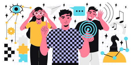 Brain composition with characters of young people and icons of musical notes gear chess and puzzles...