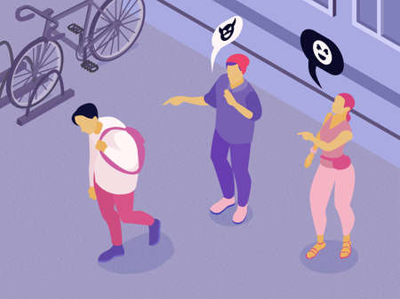 Isometric teenagers parents composition with outdoor scenery and characters of teens bullying mate...