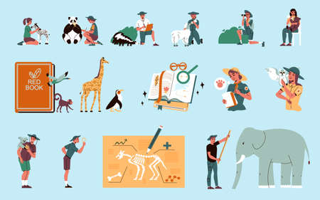 Zoologist color icons set of animals listed in red book and male and female characters in camouflage uniform isolated vector illustrationのイラスト素材
