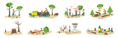 Deforestation set with environmental protection symbols flat isolated vector illustrationのイラスト素材