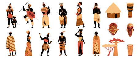 Africa color set with isolated characters of ancient tribal people with traditional costumes house and masks vector illustrationのイラスト素材