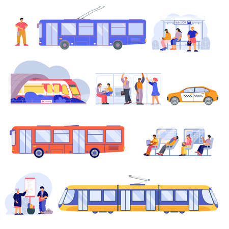 Public transport bus trolleybus underground subway trains interior passengers waiting tram taxi flat icons set vector illustrationのイラスト素材