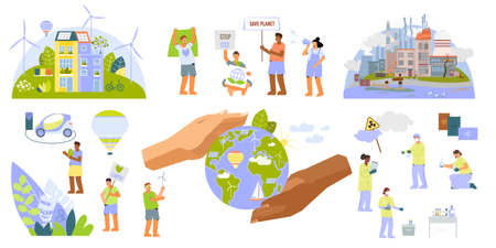 Environmental protection set of isolated compositions with flat icons cityscapes and characters of anti pollution activists vector illustrationのイラスト素材