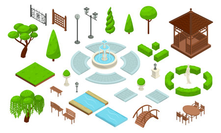 Landscape design park isometric constructor icon set with different types of green plantings of bushes of trees walking paths and architectural elements vector illustrationのイラスト素材